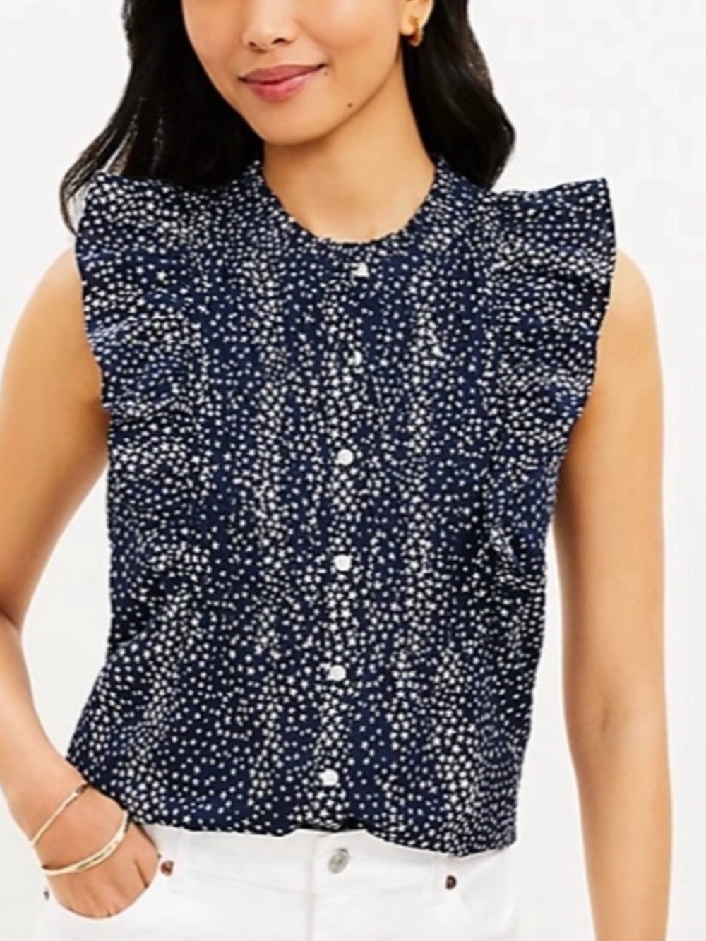 NWT Loft Stars Ruffles Blouse Navy/White Size M